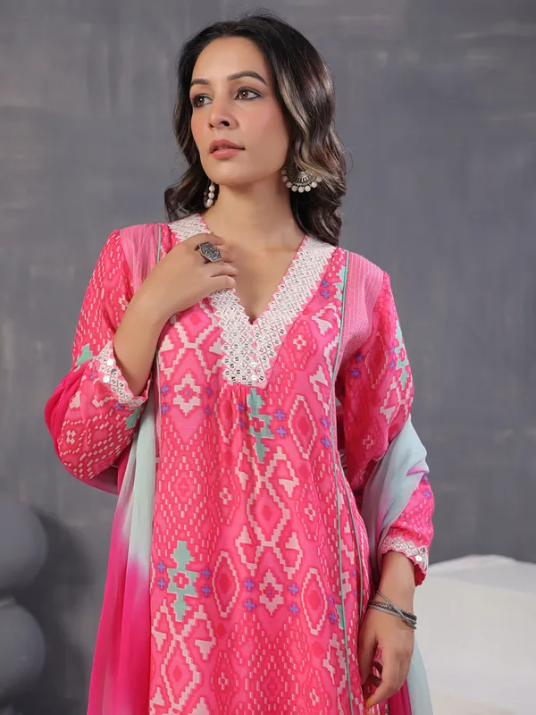 Rani color printed kurti set with dupatta