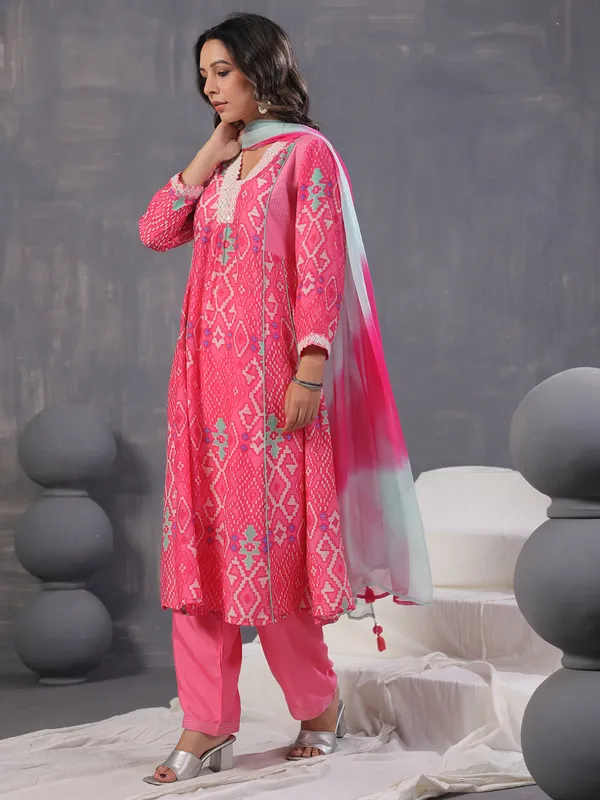 Rani color printed kurti set with dupatta