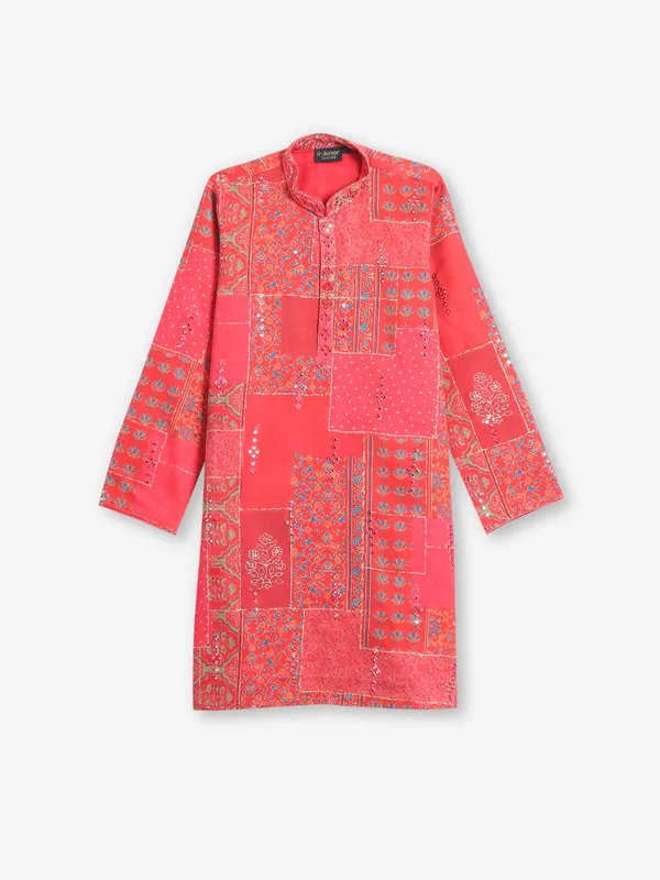Rani color printed silk kurta suit fot boys