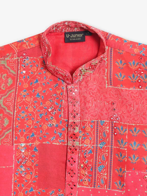 Rani color printed silk kurta suit fot boys