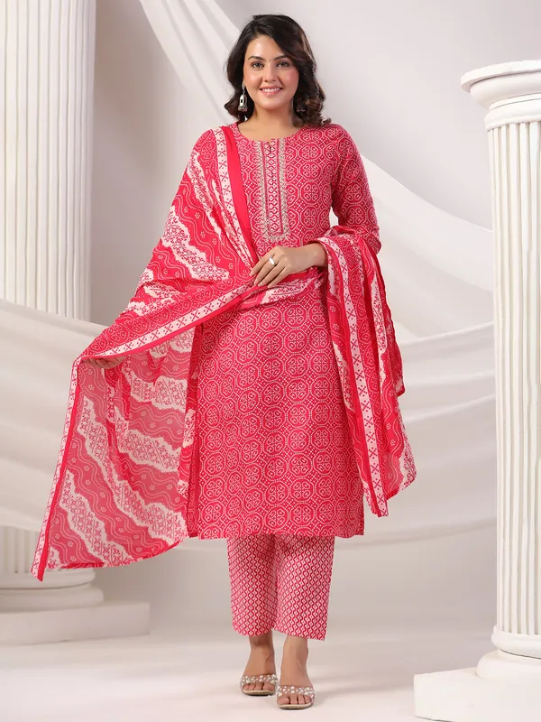 Rani color printed silk kurti set