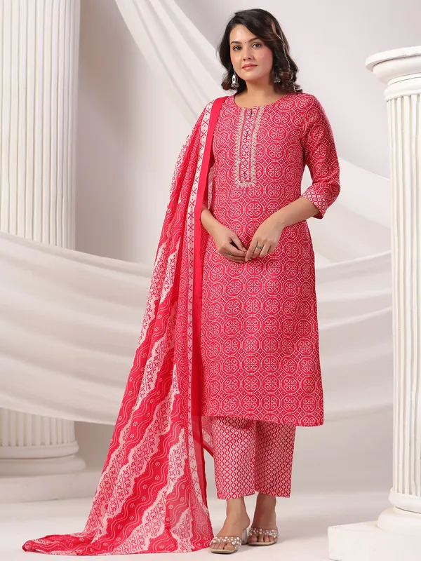 Rani color printed silk kurti set