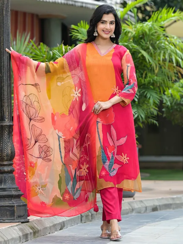 Rani color printed silk kurti set with dupatta