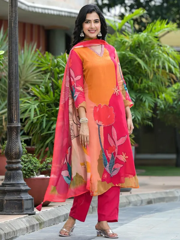 Rani color printed silk kurti set with dupatta