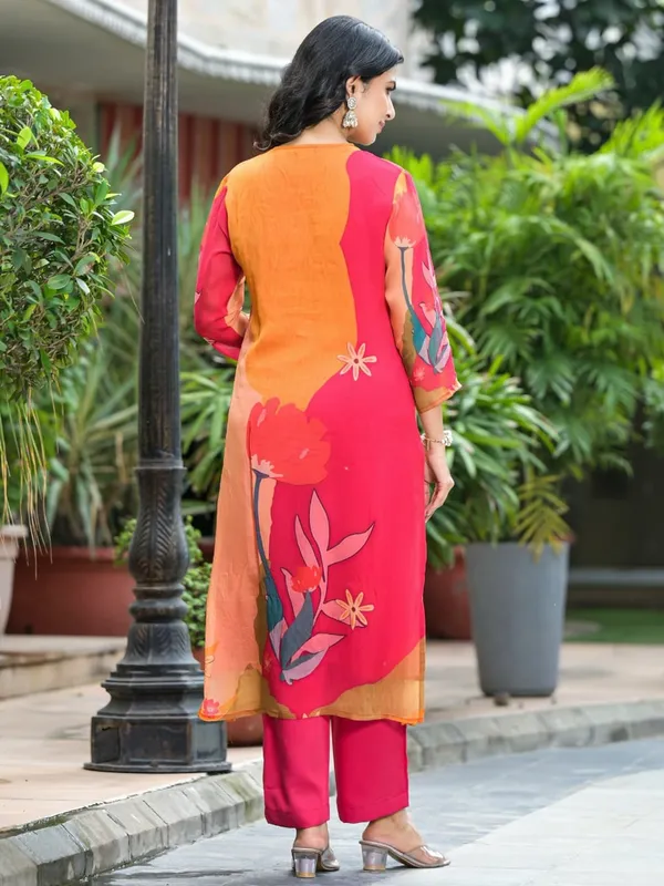Rani color printed silk kurti set with dupatta