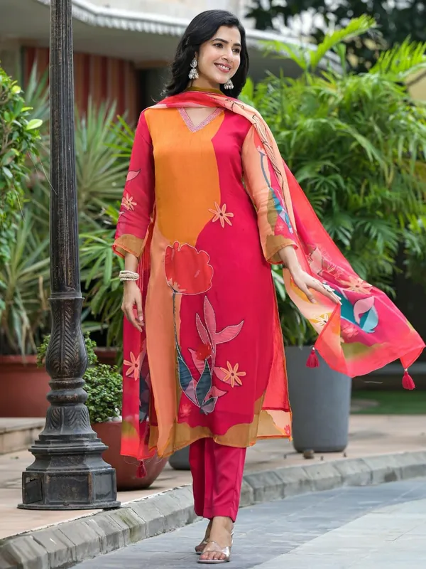 Rani color printed silk kurti set with dupatta