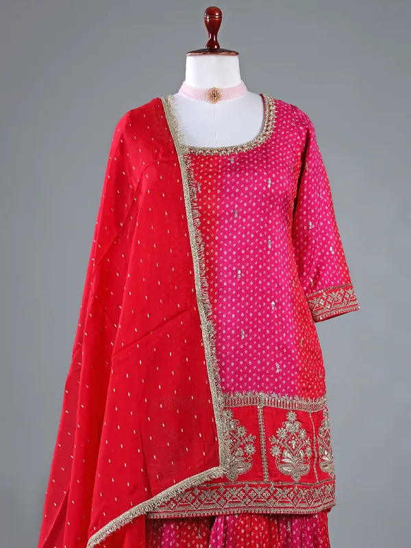 Rani color printed silk sharara suit for wedding wear