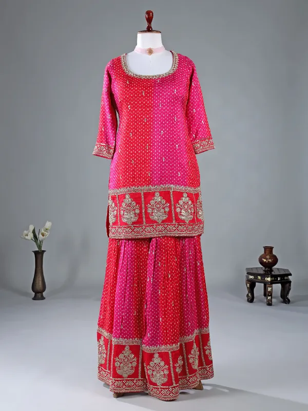 Rani color printed silk sharara suit for wedding wear