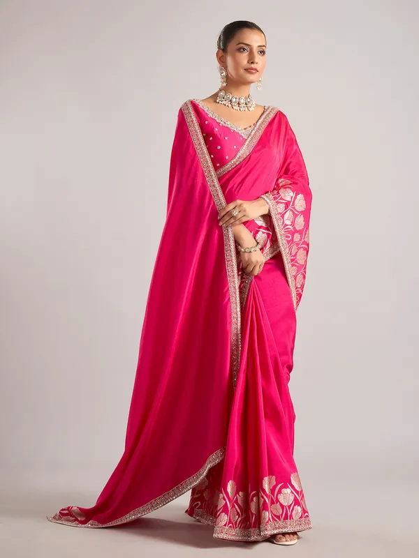Rani color pure dola silk saree with ready made blouse