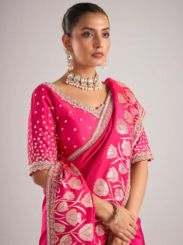 Rani color pure dola silk saree with ready made blouse