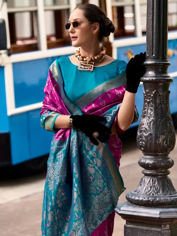 Rani color saree in printed soft silk
