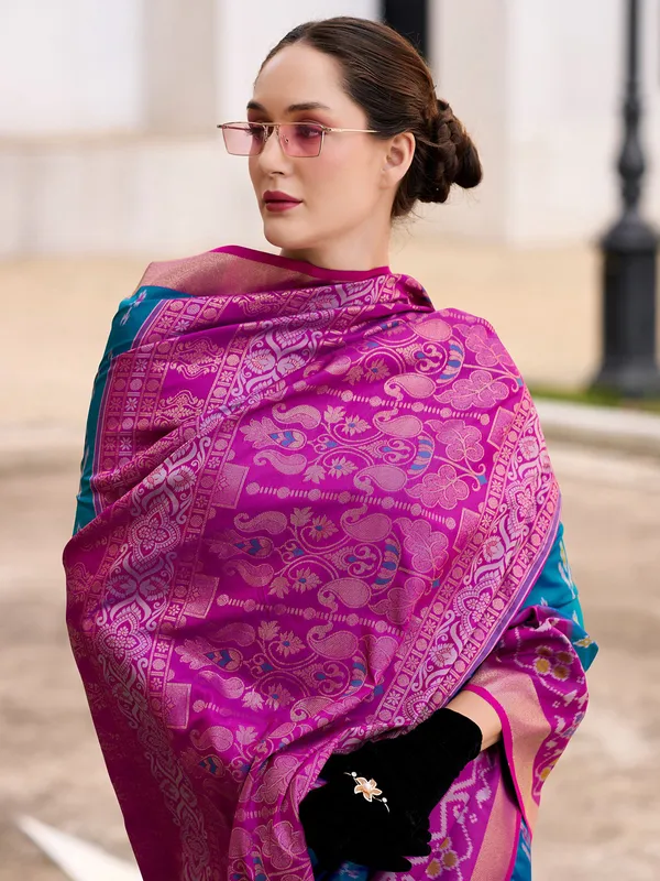 Rani color saree in printed soft silk
