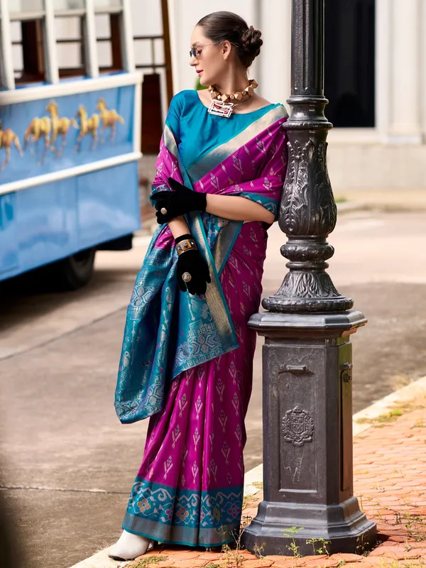Rani color saree in printed soft silk