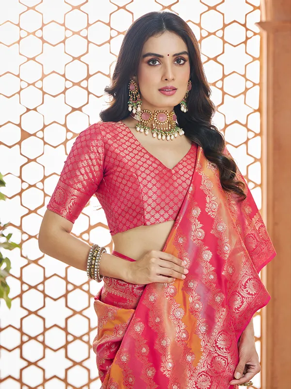 Rani color saree with contrast border