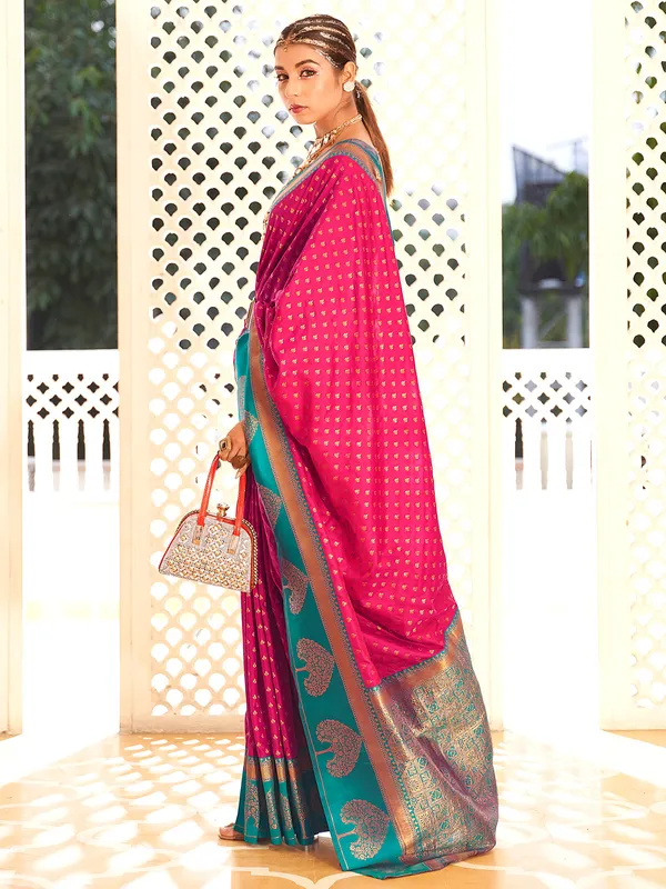 Rani color saree with contrast border for wedding