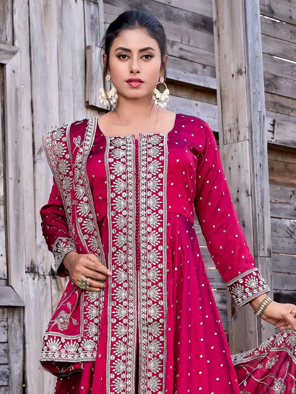 Rani color satin palazzo suit with dupatta
