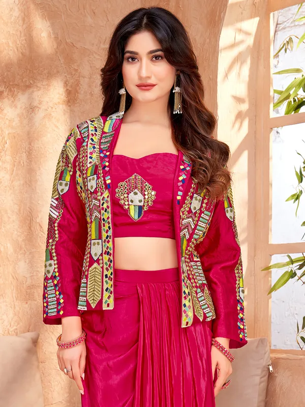 Rani color satin silk jacket style indowestern suit