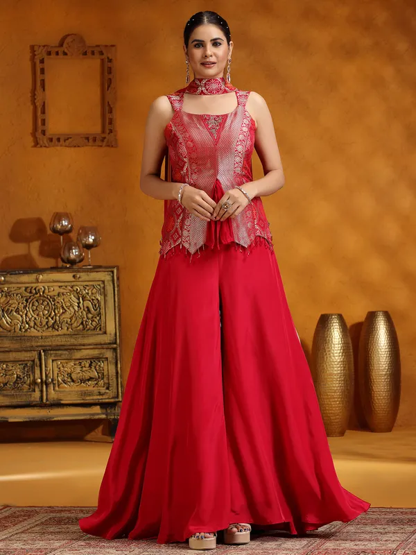 Rani color satin silk palazzo suit for wedding wear