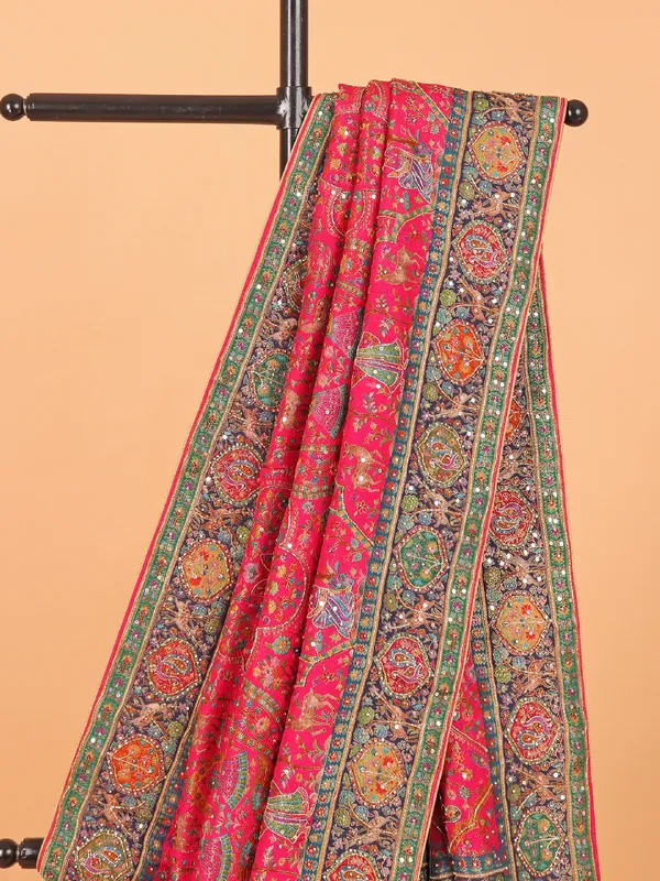 Rani color semi pashmina saree for wedding wear
