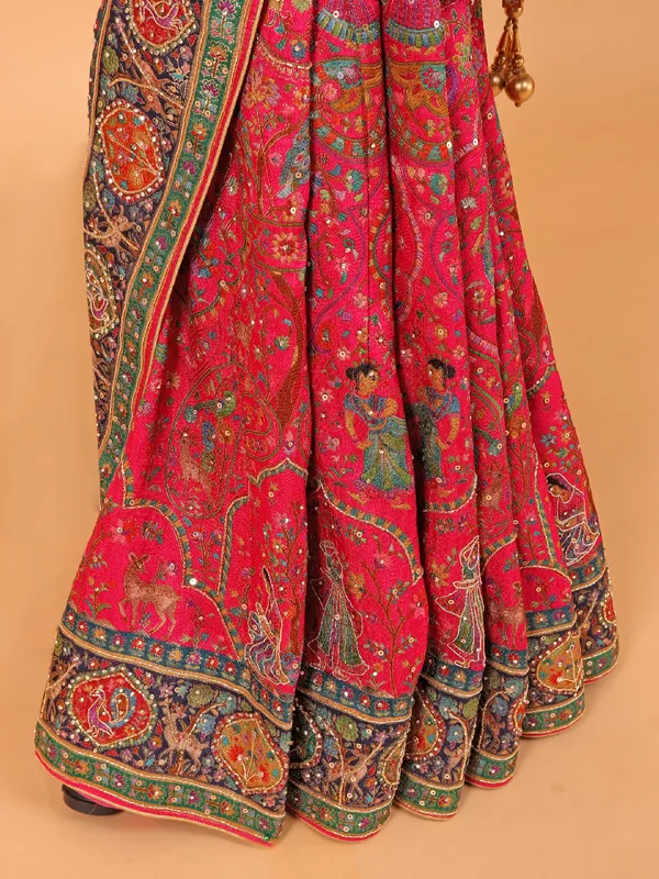 Rani color semi pashmina saree for wedding wear