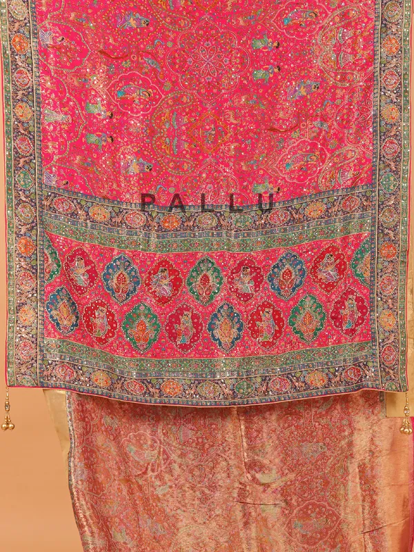 Rani color semi pashmina saree for wedding wear