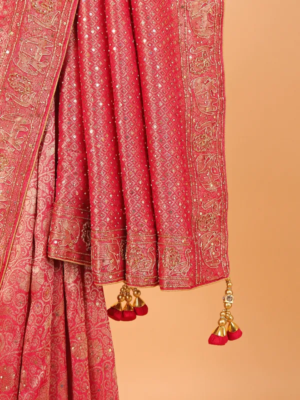 Rani color shimmer dola silk saree for wedding