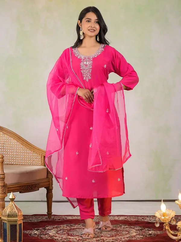 Rani color silk kurti set with dupatta