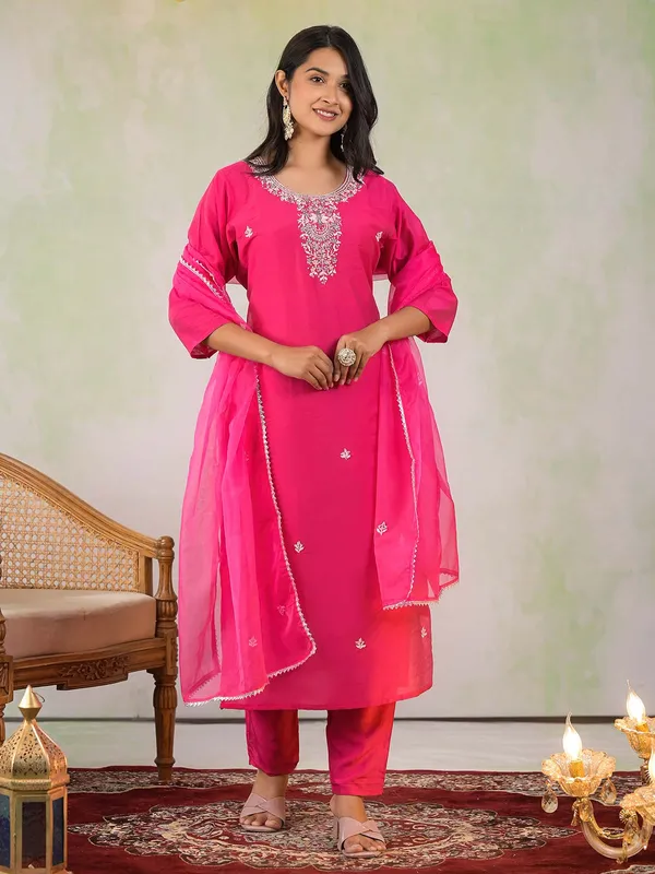 Rani color silk kurti set with dupatta