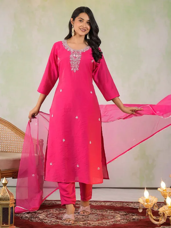 Rani color silk kurti set with dupatta