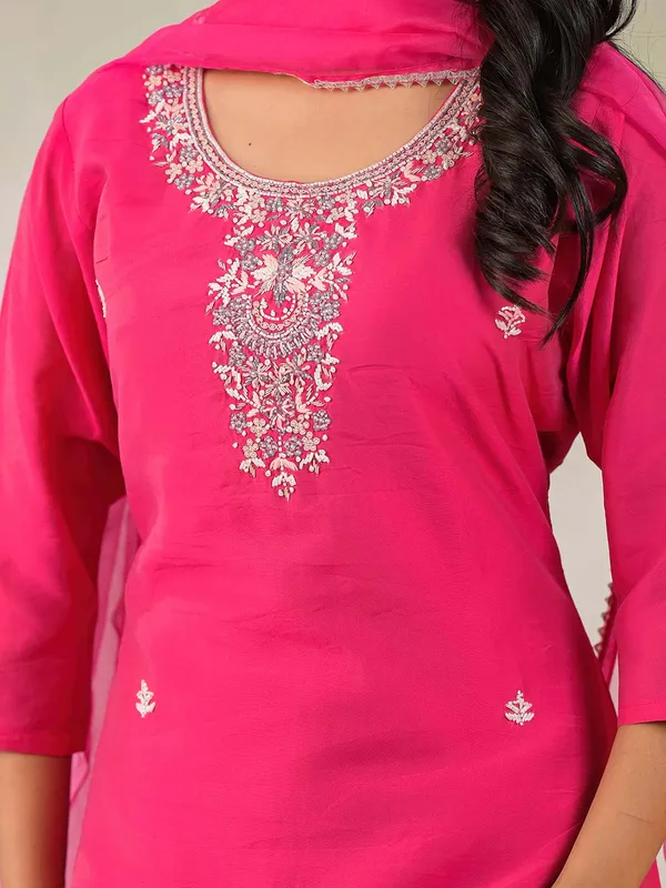 Rani color silk kurti set with dupatta