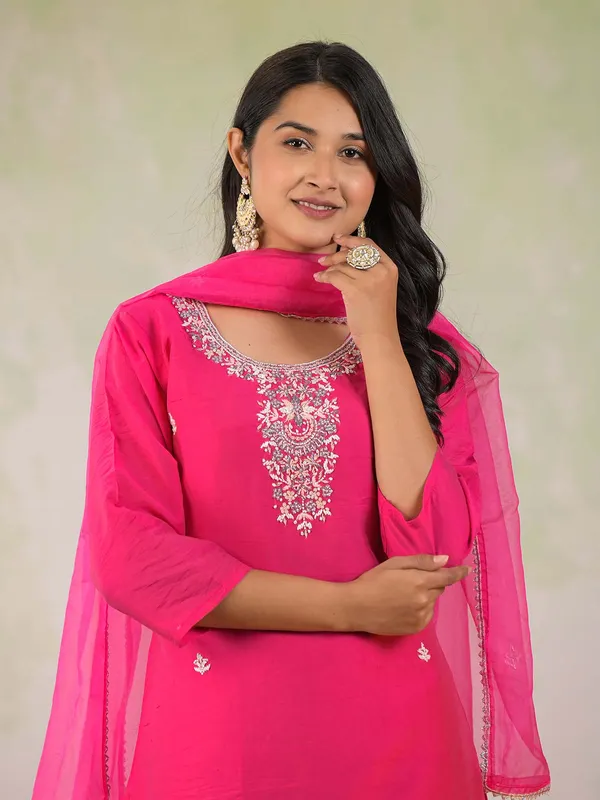 Rani color silk kurti set with dupatta