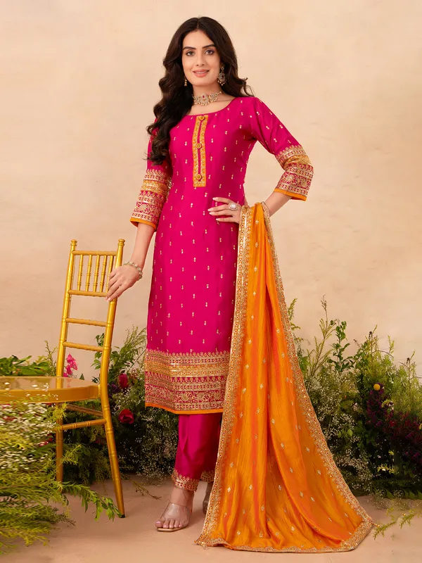 Rani color silk pakistani salwar suit