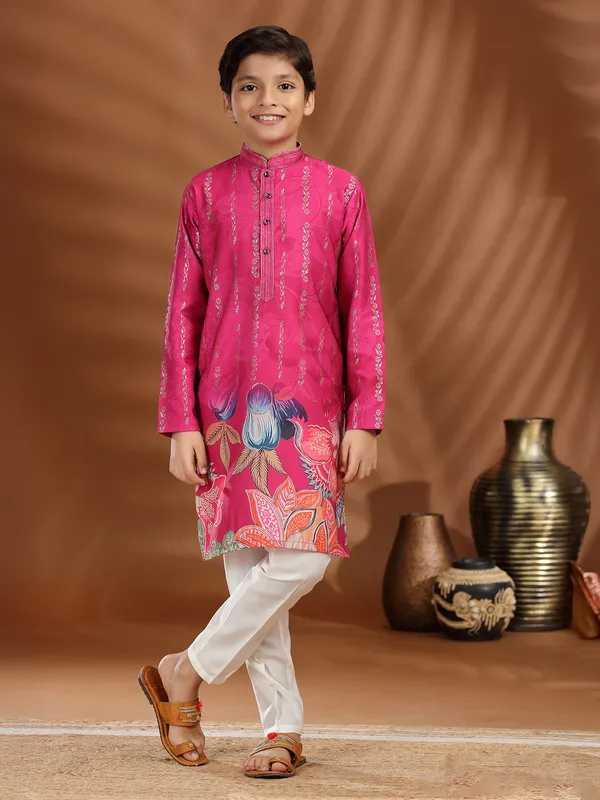 Rani color silk printed kurta pajama
