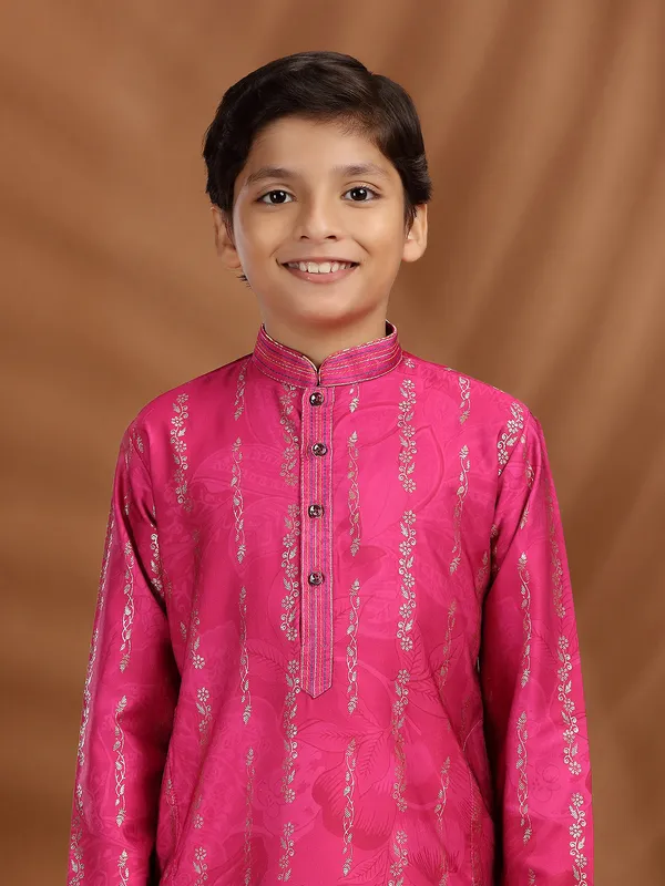 Rani color silk printed kurta pajama
