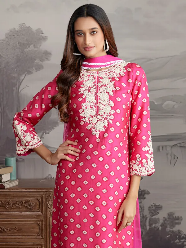 Rani color silk printed salwar suit for wedding wear