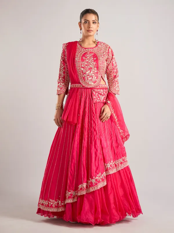 Rani color silk rajasthani lehenga choli with beads work