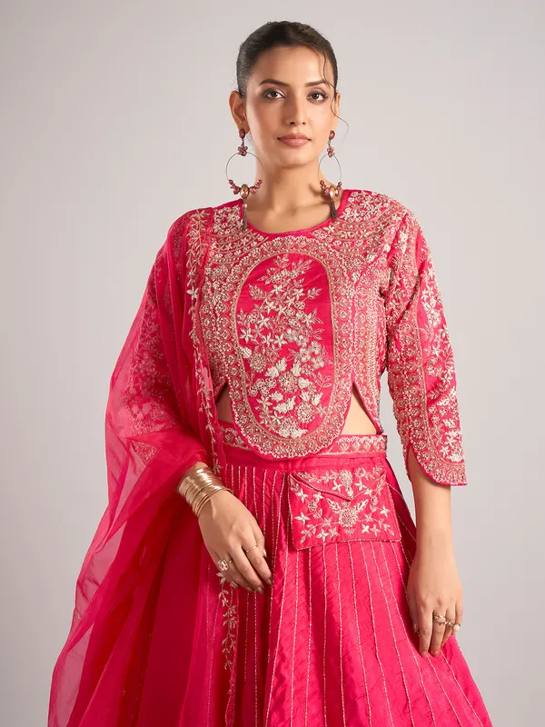 Rani color silk rajasthani lehenga choli with beads work