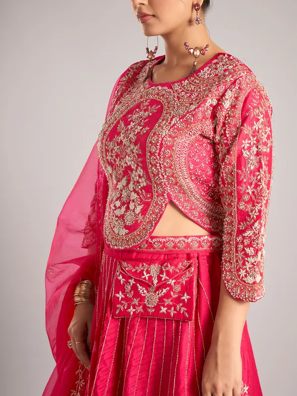Rani color silk rajasthani lehenga choli with beads work