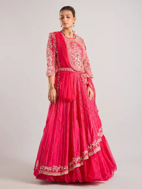 Rani color silk rajasthani lehenga choli with beads work