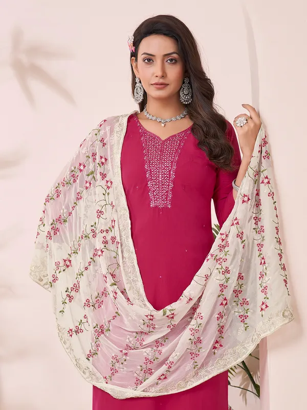 Rani color silk salwar suit with dupatta for women festive wear