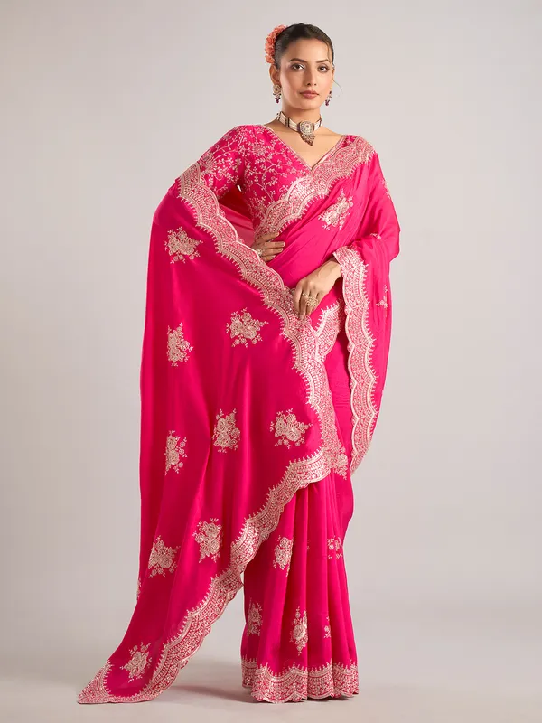 Rani color silk saree with ready made blouse