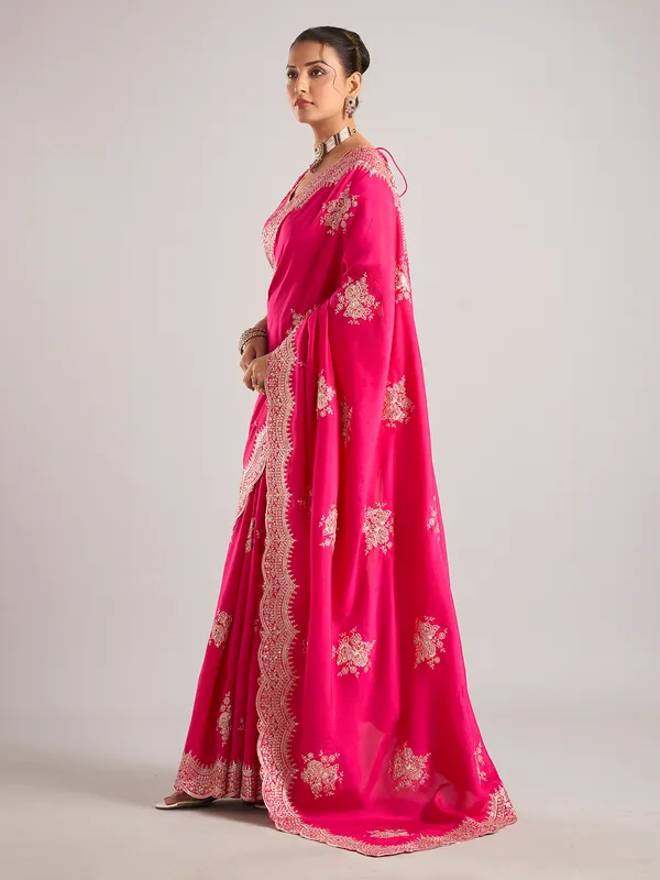 Rani color silk saree with ready made blouse