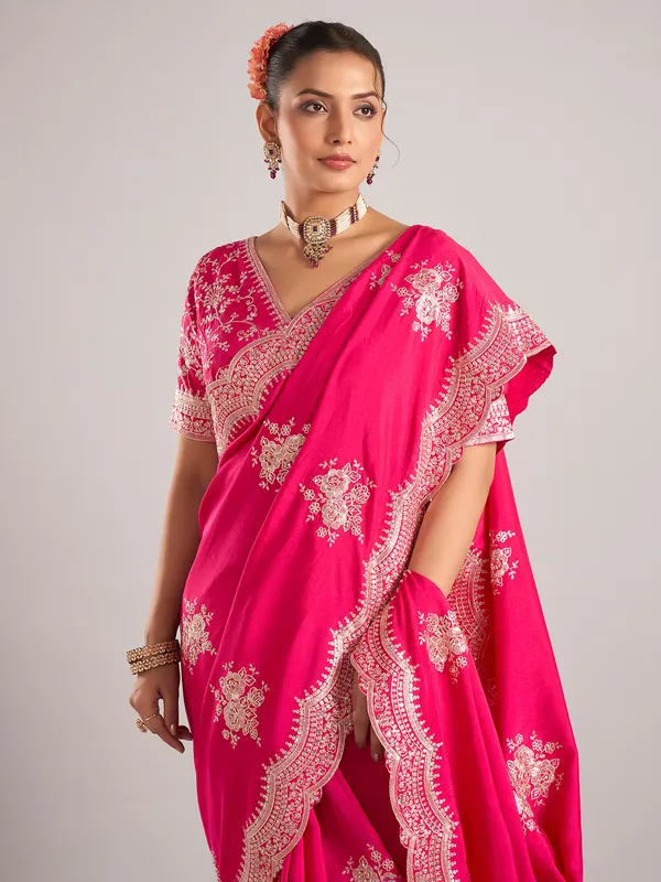 Rani color silk saree with ready made blouse