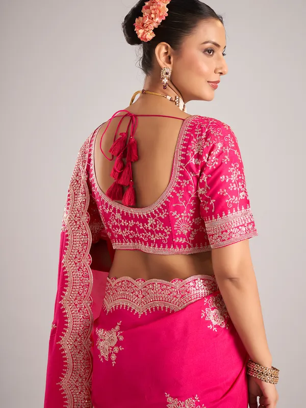 Rani color silk saree with ready made blouse