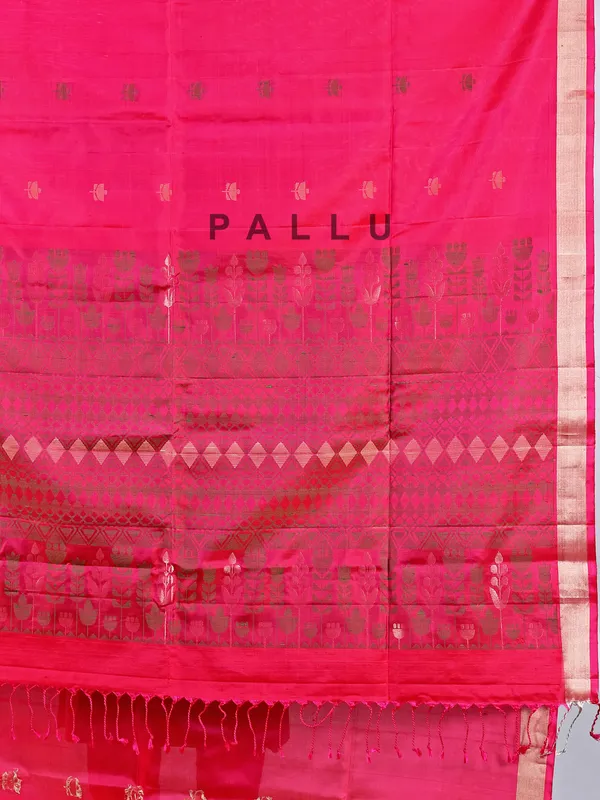 Rani color silk saree with zari highlights
