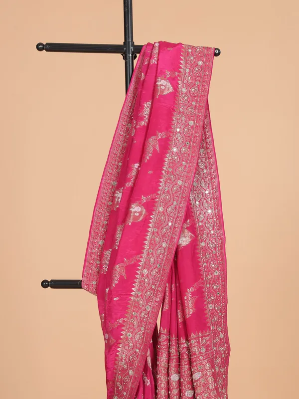 Rani color silk saree with zari weaving for women