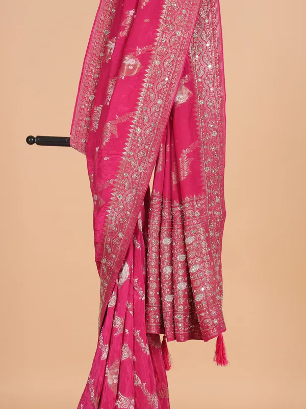Rani color silk saree with zari weaving for women