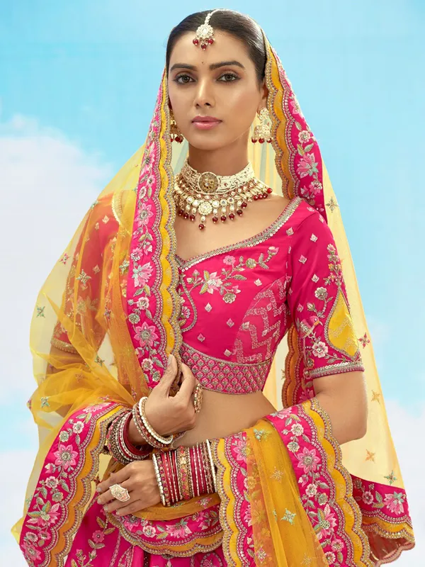 Rani color silk wedding wear lehenga choli