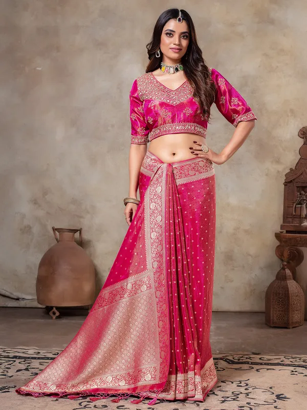 Rani color tissue silk saree for wedding