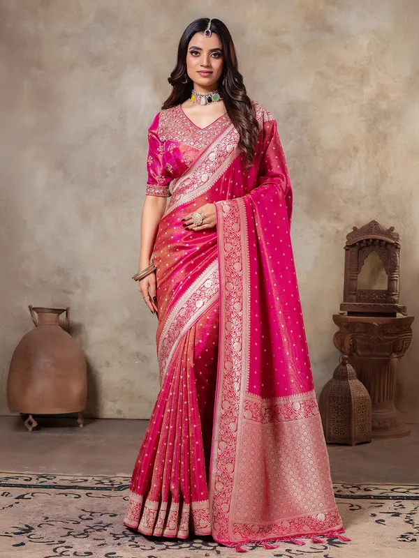 Rani color tissue silk saree for wedding